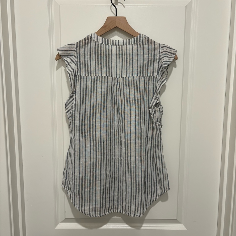🪴$5/25🪴Old Navy Blue White Striped Linen Blend Ruffle Sleeve V-Neck Blouse Top S - Picture 8 of 12